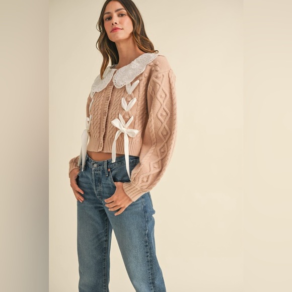80B. Eyelet Collar Cable Knit Cardigan - Rose - Picture 8 of 12